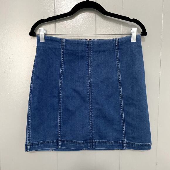 Free People Blue Dark Wash Denim Modern Femme Fitted Boho Mini Skirt 10 - Picture 3 of 9